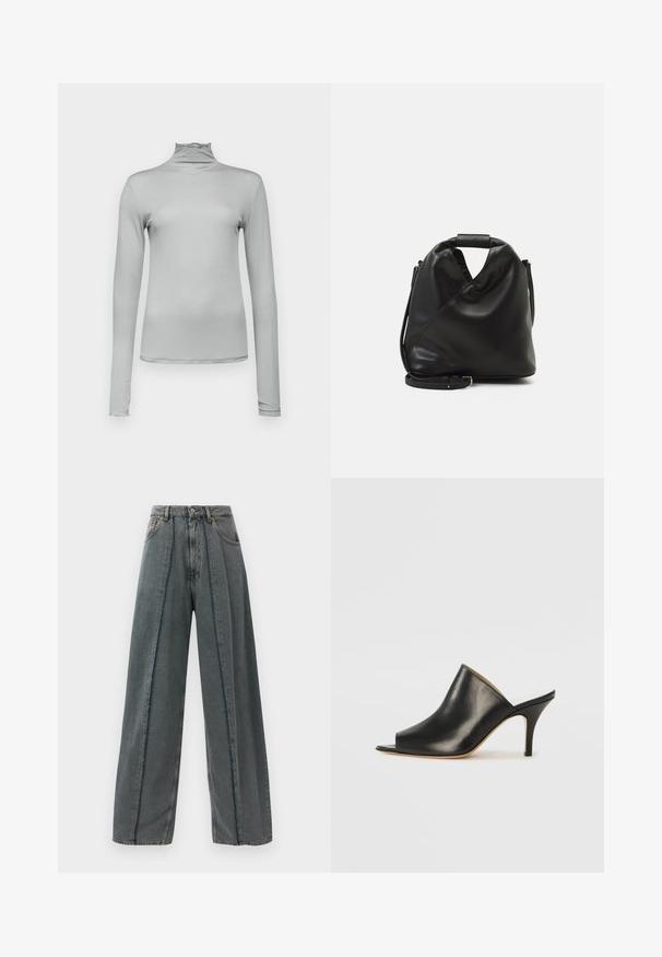 Light grey long-sleeve turtleneck made from a smooth, stretchy fabric. Slim fit with a high neckline and subtle ruffled edge.; Wide-leg dark gray denim jeans with high waist, frayed seam details running vertically down the front, and classic five-pocket design.; Black leather open-toe mule with a sleek, curved design, high stiletto heel, and smooth texture. The interior features a contrasting light color.; Black, soft leather bag with a unique twisted design. Features a short handle and a detachable shoulder strap. Minimalist style.
