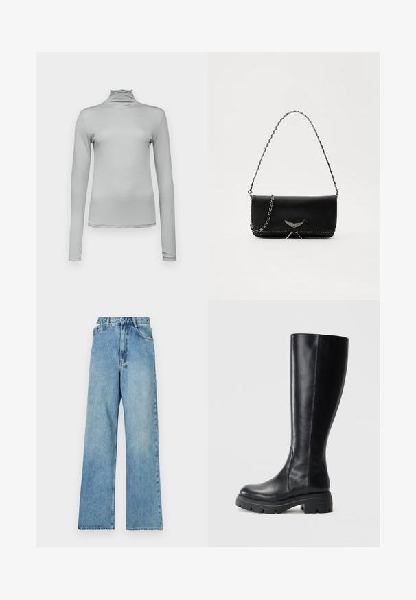 Hele hallid pikkade varrukatega turtleneck, mis on valmistatud siledast ja venivast kangast. Kitsas lõige kõrge kaelusega ja peene ruffle äärega.; Heledad sinine teksapüksid, laia jalaga, keskelt kõrgema taljega, viie tasku ja nööbiga suletud, metallosadega ning kulunud välimusega.; Siled mustad põlvini saapad, mis on valmistatud siledast nahast, ümmarguse varbaga ja jõulise kummist tallaga, millel on mustriga pind hea haardumise tagamiseks.; Mustvalge nahk käekott hõbedase ahelsanga ja dekoratiivsete tiivaaktsentidega, samuti valgete õmblustega alumises ühenduses.