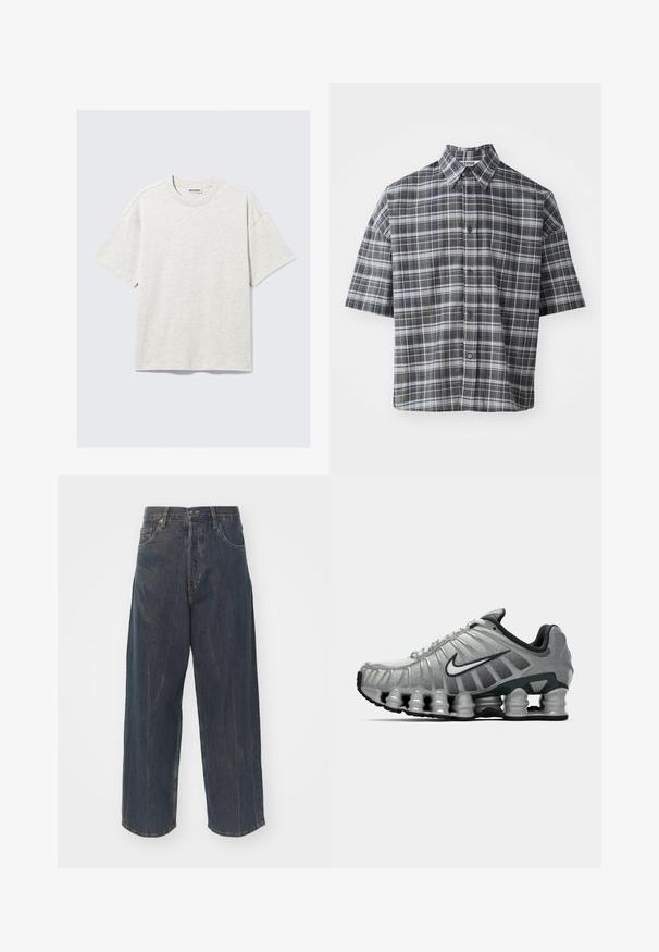 Svijetlosiva majica kratkih rukava izrađena od džersija. Ima okrugli izrez, opušteni kroj i suptilnu teksturu. Etiketa glasi "WEEKDAY."; Košulja s kratkim rukavima u crno-sivoj kariranoj uzorak. Ima šiljati ovratnik i prednje kopčanje na gumbe s crnim gumbima.; Široke tamnoplave traperice s blagim istrošenim izgledom, pet džepova i klasičnim kopčanjem na gumbe i patentni zatvarač u struku.; Sive i crne Nike trkaće cipele s vidljivim opružnim jastučićem ispod đona i bijelim swoosh logotipom sa strane.