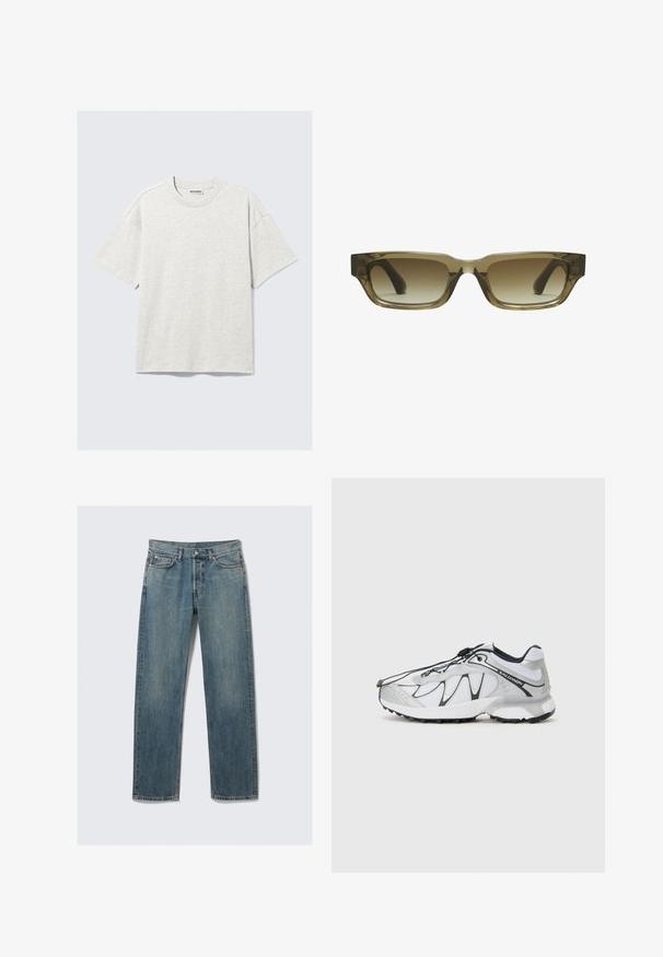 Világosszürke, rövid ujjú, jersey anyagú póló. Kerek nyakkivágással, laza fazonnal és enyhe textúrával rendelkezik. Címkéje "WEEKDAY" feliratú.; Kék egyenes szabású farmernadrág elülső és pénztárca zsebekkel, övhurkokkal és fémből készült gombos záródással egy sima háttér előtt.; Fehér sportcipők hálós felsőrésszel, fekete akcentusokkal, textúrált gumitalppal és elasztikus fűzőrendszerrel. Könnyű, modern dizájnnal.; Barna gradiens napszemüveg, téglalap alakú, vastag kerettel és fekete szárakkal. Átlátszó barna anyag dimenziót ad a kinézetnek.