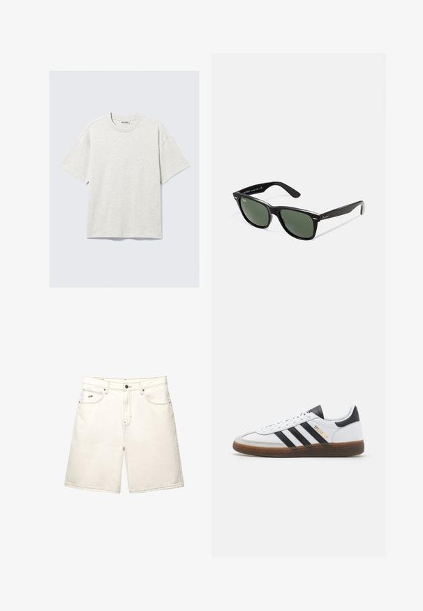 Svetlo siva kratka majica s kratkimi rokavi iz žersija. Ima okroglo ovratnico, sproščen kroj in subtilno teksturo. Na etiketi piše "WEEKDAY."; Bele denim kratke hlače s ravnim krojem, petimi žepi in vidnimi šivi. Imajo sprednje zapiranje na gumb in majhen logotip blagovne znamke na strani.; beli usnjeni športni copat z črnimi semišo detajli, tremi črnimi črtami, bež gumijastim podplatom in zlatim logotipom "SPEZIAL" na strani.; Črne plastične sončna očala z zelenimi lečami, kvadratni okvirji, srebrni detajl na obrvi in teksturirani ročaji. Blagovna znamka navedena na notranji strani ročaja.