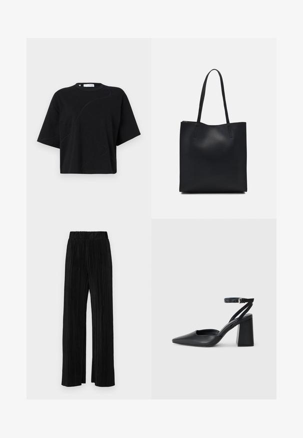 Tricou negru cu mânecă scurtă și guler rotund, având motive de coasere subtile și curbate și un croi lejer, de tip boxy. Material din bumbac.; Pantaloni negri plisati cu talie elastică. Prezintă picioare largi și un material neted, texturat, cu dungi verticale.; Pantofii cu toc ascuțit din piele neagră, cu breteaua pentru glezne și toc gros. Textură netedă, design elegant și estetică minimală.; Geantă tote neagră din piele, cu textură netedă, formă rectangulară și două mânere lungi. Fără hardware vizibil sau ornamente.