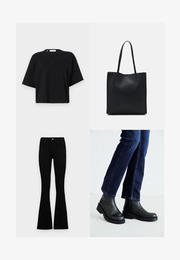 Black short-sleeve T-shirt with a round neckline, featuring subtle, curved stitching patterns and a relaxed, boxy fit. Cotton fabric.; Black high-waist jeans with a button and zip closure, front pockets, and flared legs laid flat on a white background.; Black leather ankle boots with a chunky sole and side elastic panels, paired with dark blue jeans. The ground is light-colored.; Black leather tote bag with smooth texture, rectangular shape, and two long handles. No visible hardware or embellishments.