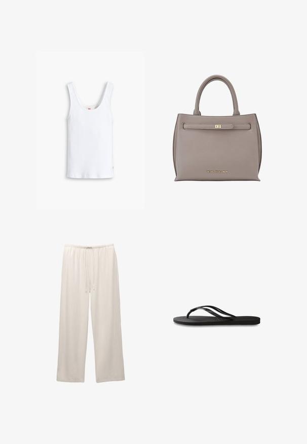 Hvid bomulds tanktop med brede stropper, rund halsudskæring og lige kant. Har et lille rødt logo mærke nederst til venstre.; Lysfarvede, vide bukser lavet af blødt stof med elastisk talje og justerbar snøre for komfort.; Sorte flip-flop med en tekstureret gummisål, to slanke stropper og et subtilt, præget logodetalje på stroppen.; Grå læderhåndtaske med struktureret form, dobbelte håndtag, en frontklap med en guldlås og præget logo nederst.