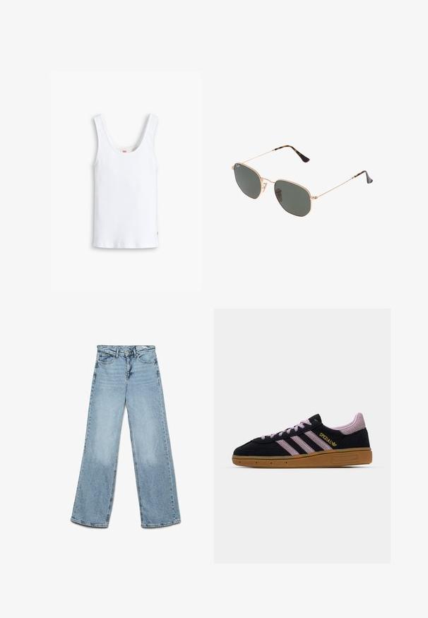 Camiseta sin mangas de algodón blanco con tirantes anchos, un escote redondeado y un dobladillo recto. Presenta una pequeña etiqueta de logo rojo en la parte inferior izquierda.; Jeans de corte ancho de color azul claro, hechos de denim, con un diseño clásico de cinco bolsillos y un corte recto con un desvanecimiento mínimo en las piernas.; Zapatilla de ante negra y rosa con suela de goma, tres rayas rosas, branding dorado "SPEZIAL" y suela de goma texturizada. Diseño de corte bajo.; Gafas de sol de metal dorado con lentes verde oscuro, estilo aviador, con patillas delgadas y acentos de carey en los extremos.