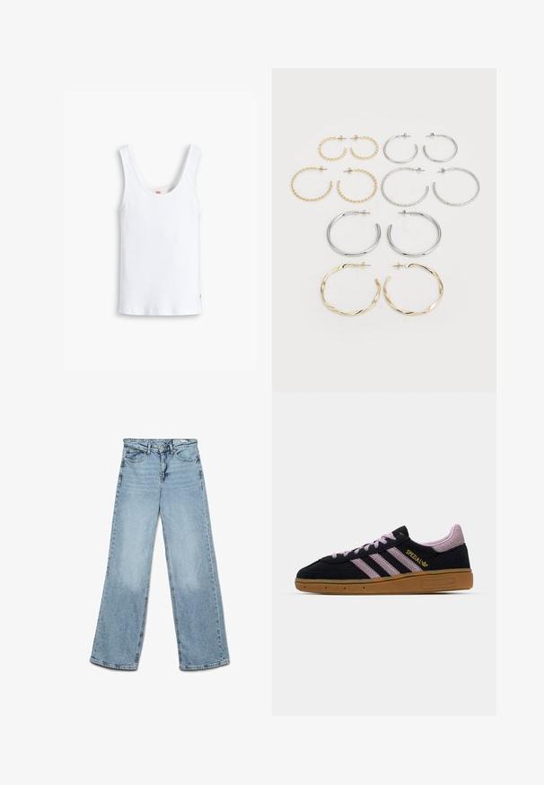 Débardeur en coton blanc avec des bretelles larges, un col rond et un ourlet droit. Il présente une petite étiquette logo rouge en bas à gauche.; Jean large bleu clair, en denim, avec un design classique à cinq poches et une coupe droite avec un délavage minimal sur les jambes.; Baskets en suède noir et rose avec semelle en caoutchouc, trois rayures roses, marquage doré "SPEZIAL" et semelle en gomme texturée. Design basse.; Ensemble de douze boucles d'oreilles créoles en tons argent et or. Comprend des designs torsadés, lisses et texturés avec différentes tailles et finitions.