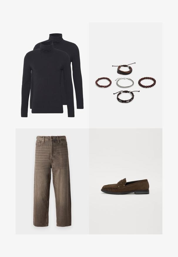 Dvoje čiernych dlhých rukávov rolákov vyrobených z hladkej látky, ktoré majú priliehavý strih a rebrované výstrihy.; Hnedé široké džínsy vyrobené z denimu. Obsahujú zips, pútka na opasok a päť vreciek. Materiál vykazuje vyblednutý, textúrovaný vzhľad.; Hnedé semišové loafers s okrúhlou špičkou, dekoratívnym šitím a flexibilnou čiernou podrážkou. Obsahuje malý klapku vpredu.; Sada piatich náramkov pozostáva z hnedého pútka, drevených korálok a strieborného reťazca; rôzne textúry a tvary, s nastaviteľným uzáverom.