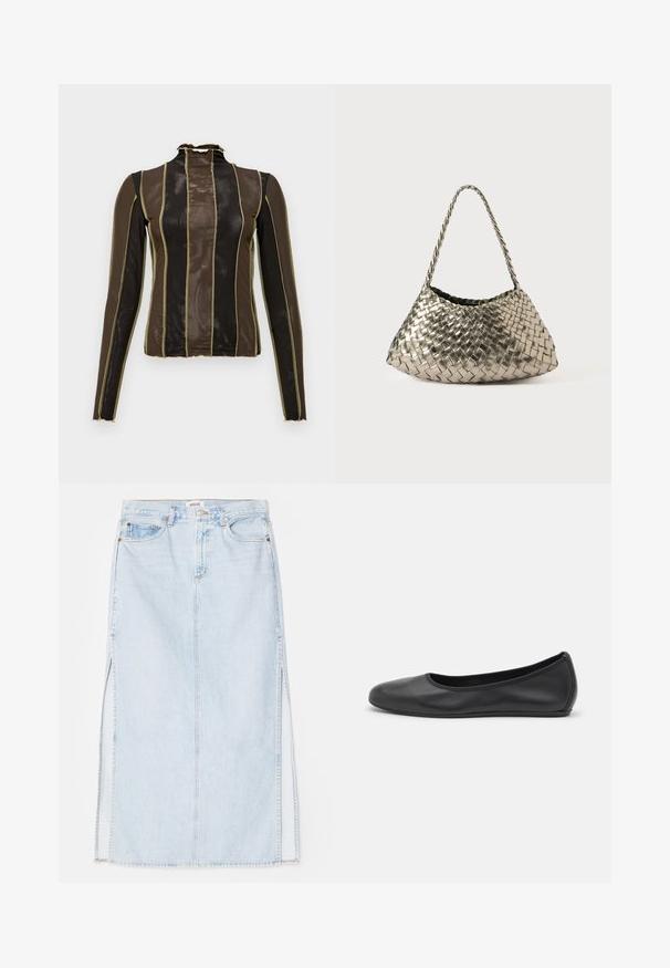 Maglia a maniche lunghe in rete trasparente marrone e nera, con strisce verticali bordate da cuciture dorate e un colletto alto arricciato.; Gonna maxi in denim azzurro chiaro con taglio dritto, dotata di spacchi laterali e design a cinque tasche. Cuciture in evidenza e chiusura con bottone in metallo.; Pantofole da balletto nere in pelle con punta arrotondata, texture liscia, dettagli di cucitura minimi e design con suola flessibile.; Borsa in tessuto metallico intrecciato con forma triangolare, dotata di una tracolla intrecciata e un interno rivestito in velluto. Colore: argento. Texture: liscia e simile a un tessuto.