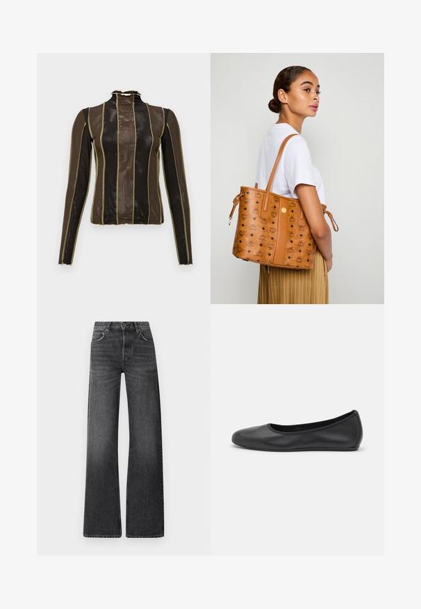 Langærmet top i gennemsigtig brun og sort mesh, med lodrette striber omkranset af gyldent syning og en rynket høj krave.; Sorte denim jeans med høj talje og bred ben-design. Har fem lommer og en subtil falmet tekstur med kontrastfarvet syninger.; Sort læderballetsko med rund tå, glat tekstur, minimal syning og et fleksibelt såldesign.; Kvinde i hvid skjorte og stribede bukser, der bærer en lys læder tote taske med sorte logoer over skulderen, vendt skråt mod siden.
