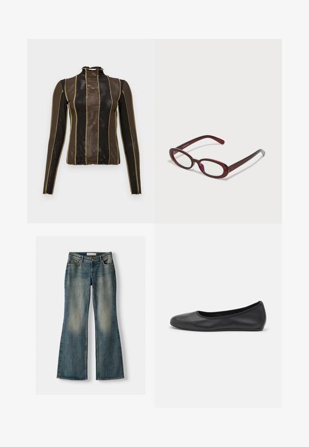 Dolga majica z dolgimi rokavi iz prosojnega rjavega in črnega mrežastega materiala, z navpičnimi črtami, obrobljenimi z zlatim šivom, in nabranim visokim ovratnikom.; Modre razširjene kavbojke z zbledelim pranjem, petimi žepi in gumbom za zapiranje. Material ima teksturo džinsa z diskretnimi šivi.; Črne usnjene balerinke z zaobljenim nosom, gladko teksturo, minimalnimi šivi in fleksibilno zasnovo podplata.; Ovalno oblikovani rdeči sončna očala s prozornimi lečami in elegantnimi rjavimi okvirji. Oblikovanje vključuje subtilne krivulje in minimalno opremo.