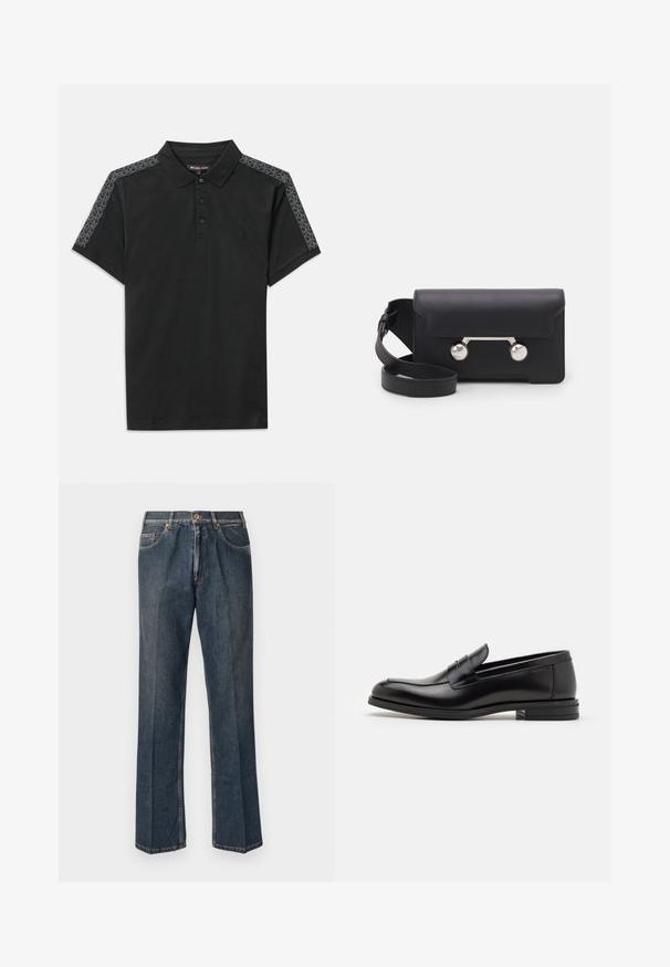 Zwarte polo met een kraag, drie knopen en korte mouwen. Heeft grijze geprinte accenten langs de schouders. Zacht katoenen materiaal.; Donkerblauwe rechte spijkerbroek met een knoopsluiting aan de voorkant, rits, dubbele voorzakken en zichtbare verticale plooien langs de benen.; Zwarte leren instappers met een gladde textuur, ronde neus en een decoratieve band over de wreef. Lage, gestapelde hak en minimalistisch ontwerp.; Zwarte leren schoudertas met een klep, zilverkleurige hardware en twee ronde accenten. Voorzien van een afneembare schouderriem. Soepele textuur.