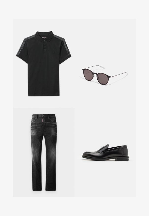 Polo preto com colarinho, três botões e mangas curtas. Apresenta detalhes em padrão cinza ao longo dos ombros. Material de algodão suave.; Jeans de denim preto com um corte reto. Apresentam áreas desbotadas, ligeira degradação, design clássico de cinco bolsos e um fecho de botão.; Mocassins de couro preto com uma textura suave, bico arredondado e uma faixa decorativa sobre o peito do pé. Salto baixo e empilhado, design minimalista.; Óculos de sol redondos pretos com lentes escuras e hastes metálicas finas. Inclui pontas de templo transparentes e detalhes em prata na dobradiça. Design minimalista.