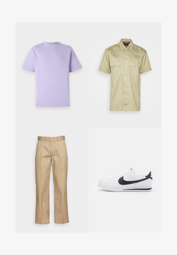 Lavendel Baumwoll-T-Shirt mit kurzen Ärmeln, Rundhalsausschnitt und lockerer Passform. Glatte Textur, keine Muster oder Verzierungen.; Kurzärmeliges, khaki Knopfhemd mit Kragen, zwei Brusttaschen und einem kleinen gestickten Logo am Saum. Glatte Stofftextur.; Khaki-Hosen mit geradem Bein, aus robustem Stoff, mit glatter Oberfläche und doppeltem Falten vorne für zusätzliche Details.; Weiße Ledersneaker mit schwarzem Nike-Swoosh, flachen Schnürsenkeln und strukturiertem Gummisohlen. Abgerundete Zehenpartie und gepolsterter Kragen für zusätzlichen Komfort.