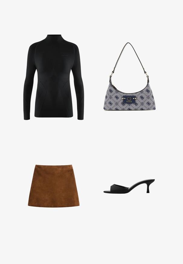 Maglietta atletica nera a maniche lunghe con collo alto, caratterizzata da pannelli testurizzati, tessuto morbido e design aderente. Logo presente sul davanti.; Gonna mini in suede marrone con una texture liscia, forma a sirena e orlo pulito. Nessun hardware visibile o motivi. Design semplice ed elegante.; Mule nere con tacco alto, dotate di una punta larga e aperta e di una parte superiore curva. Realizzate in tessuto texture, presentano un tacco sottile e una suola liscia.; Borsa a tracolla in stile hobo in tessuto blu navy con un motivo a diamante, dotata di una placca con logo e di una tracolla liscia. Superficie texturizzata.