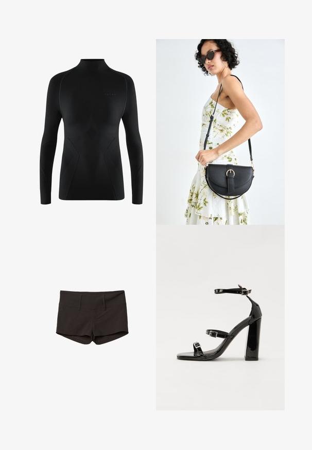 Black long-sleeve athletic shirt with a high neck, featuring textured panels, smooth fabric, and a fitted design. Logo displayed on the front.; Black cotton shorts with a fitted design, featuring a smooth texture and two front pockets. Mid-rise waistband and no noticeable patterns.; Black patent heeled sandals with a square toe, ankle straps, and silver buckles. Features a chunky block heel for stability.; Black leather handbag with a curved shape, detachable strap, and gold hardware. The bag features a flap with a buckle detail.