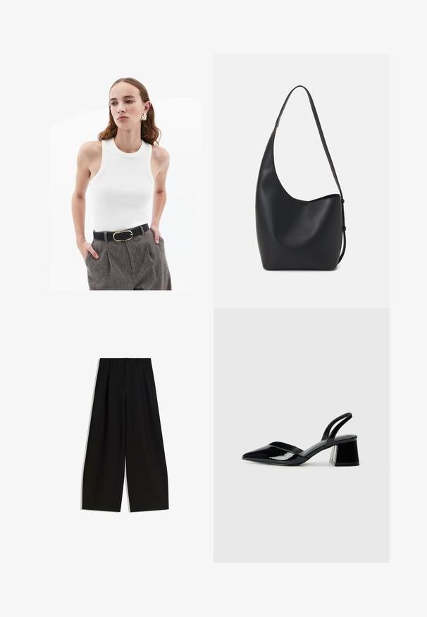 Valkoinen ribbipinta tanktoppi pyöreällä kaula-aukolla, jossa on beige reunus. Yhdistetty harmaisiin, teksturoituihin korkean vyötärön housuihin ja mustaan vyöhön, jossa on kultainen solki.; Mustat leveät housut, jotka on valmistettu sileästä kankaasta, joissa on korkea vyötärö, etupuolella laskos ja ei näkyviä koristeita tai kuvioita.; Mustat patentoitu nahkakengät, joissa on säären takaosa ja terävä kärki, sekä geometrinen palikkakorko. Sisältää tyylikkään, minimalistisen muotoilun ja sileän pinnan.; Musta nahkainen hobo-laukku, jossa on sileä pinta, kaareva muoto ja yksi säädettävä olkahihna; sisäänkäynti on leveä ylhäältä.