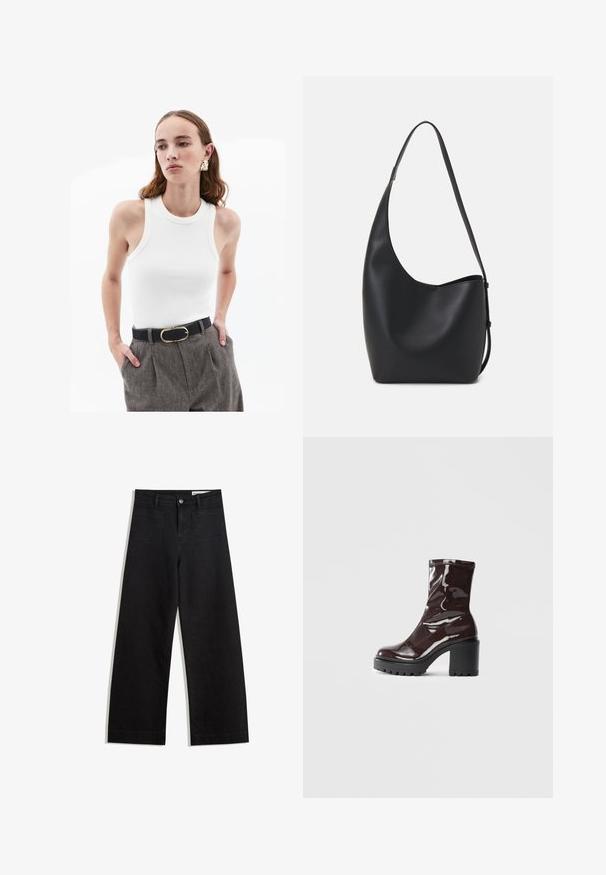 Witte geribbelde tanktop met ronde halslijn, voorzien van beige afwerking. Gecombineerd met grijze textuur hoge taillebroek en een zwarte riem met een gouden gesp.; Zwarte denim broek met wijde pijpen en een hoge taille, voorzien van voor- en achterzakken, gestikte naden en een knoopsluiting. Gladde textuur.; Glanzende bordeauxrode enkelboot met een chunky zwarte hak, met een gladde textuur en een eenvoudig ontwerp. Geen zichtbare sluitingen of patronen.; Zwarte leren hobo tas met een gladde textuur, kromme vorm en een enkele verstelbare schouderband; heeft een brede opening aan de bovenkant.