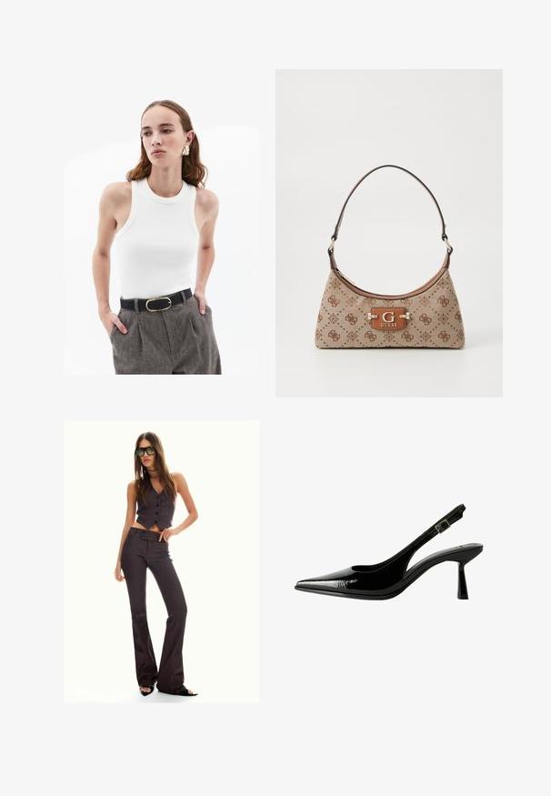 Valkoinen ribbipinta tanktoppi pyöreällä kaula-aukolla, jossa on beige reunus. Yhdistetty harmaisiin, teksturoituihin korkean vyötärön housuihin ja mustaan vyöhön, jossa on kultainen solki.; Ruskean raitaisten lyhyiden haalareiden ja levenevien housujen asu, jossa on napit ja teksturoitu kangas. Mustat avokkaat ja ylisuuret aurinkolasit.; Musta lakattu nahkasaapas, jossa on teräväkärkinen malli, leikattuja sivuja, säädettävä nilkkain ja ohut, virtaviivainen korko.; Kangaskassi beige-värissä ruskeilla kuvioiduilla yksityiskohdilla. Ominaisuuksiin kuuluu kaareva muoto, yksi kantohihna ja edessä oleva logo-plaatti hopeisilla yksityiskohdilla.