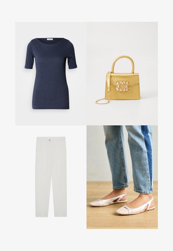 Tumed sinine lühikese varrukaga T-särk ümmarguse kaelusega, valmistatud pehmest, tekstureeritud kangast. Omab hemmi, mis istub just puusade all.; Valged kohandatud püksid sirge lõikega, varustatud nupuga kinnitusega, vöödega ja küljetaskutega; sile kangatekstuur.; Kahvatu roosa slingback lapikute jalatsite paar, millel on terav varvas, valmistatud siledast nahataolisest materjalist. Omab külgedel lõikekohti ja lapikut kontsa.; Kollane faux-krokodilli käsipindaga kott, millel on struktureeritud disain, ülemine käepide, eemaldatav kettmass ja dekoratiivne kristallkaunistus klambril.