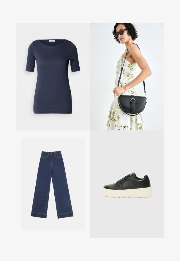 Mornarsko moder kratkosleeven T-shirt z okroglim izrezom, izdelan iz mehkega, teksturiranega materiala. Ima rob, ki se nahaja tik pod boki.; Široke traperice v temno modrem denimu. Imajo pet žepov, zanke za pas in surov rob na dnu z vidnimi šivi.; Črne usnjene superge z gladko teksturo, debele kreme barve na podplatu, okroglo konico in klasičnim vezalnim dizajnom. Nežna šivalna podrobnost.; Črna usnjena torbica s ukrivljeno obliko, z odstranljivo naramnico in zlatimi dodatki. Torbica ima pokrov s podrobnostmi v obliki zaponke.