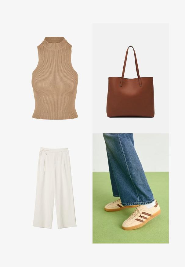 Beige ribbaskudottu hihaton toppi, jossa on korkea mock-neck-kurekko ja vartalonmyötäinen muotoilu, joka korostaa tekstuuria ja hoikkaa siluettia.; Lepuh lebar dengan kain putih krem yang halus. Memiliki pinggang yang diikat dan bagian depan berlipit, dirancang untuk potongan yang santai.; Beige lenkkarit, joissa on tekstuuriset kerma-paneelit ja ruskeat raidat, yhdistettynä sinisiin farkkuihin. Farkut ovat leveät ja niissä on repaleinen helma.; Ruskea nahkainen olkalaukku, jossa on sileä pinta, avoin yläosa ja kaksi olkahihnaa. Omaavat vain minimaalisen ompelun eikä näkyvää metalliosaa.