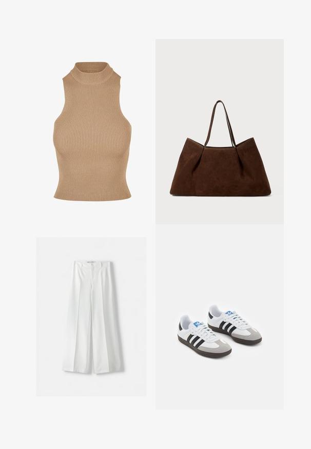 Top senza maniche a maglia a coste in beige, con un alto collo alla francese e design aderente, che enfatizza la texture e la silhouette snella.; Bershka WIDE-LEG TAILORED - Pantaloni - white; Scarpe sportive con tomaia in pelle bianca, punta in suede grigia e tre strisce nere. Presentano un logo blu sulla linguetta e una suola in gomma testurizzata.; Borsa a tote in suede marrone con due manici, forma rettangolare ampia e design minimalista. Texture morbida con finitura liscia.