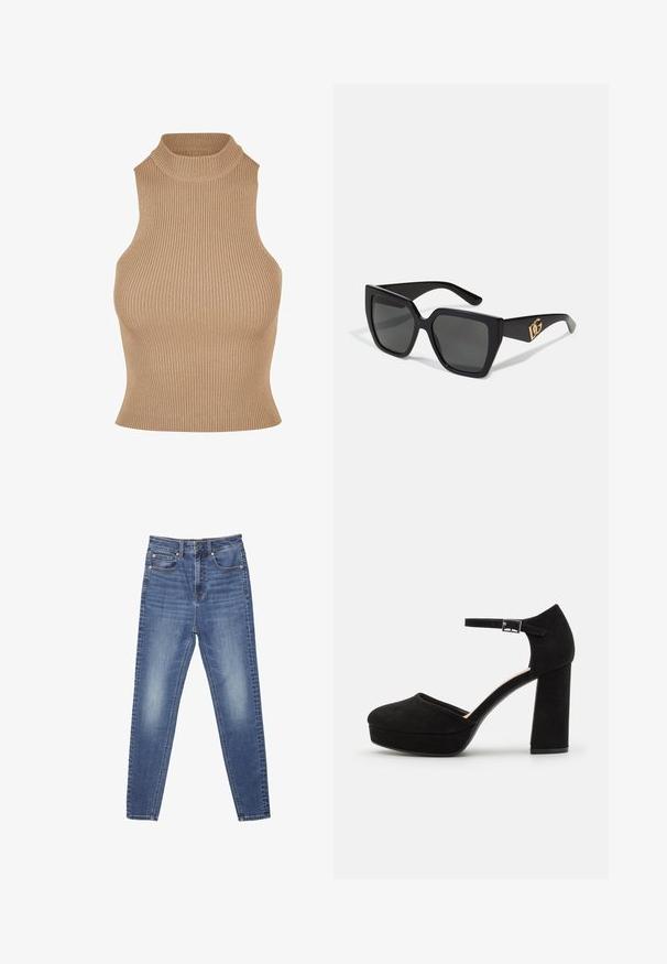 Geribbelde gebreide mouwloze top in beige, met een hoge opstaande kraag en een strakke pasvorm, die textuur en een slanke silhouet benadrukt.; Blauwe denim jeans met een rechte pijp, vijf zakken en zichtbare stiksels. De stof heeft een vervaagde textuur met een gladde afwerking.; Zwarte suède plateauhakken met een dikke blokhak, ronde neus en enkelbandje dat is beveiligd met een metalen gesp. Zachte textuur overal.; Zwarte zonnebril met een vierkant ontwerp en donkere glazen. Bevat gouden logoaccenten op de poot. Glanzende kunststof montuur.; Gouden oorringen met een glad, rond ontwerp en een gepolijste afwerking. Ze hebben een veilige sluiting voor eenvoudig dragen.; Zwarte leren portemonnee met een opklapbare flap, gouden hardware en een logo-accent. Inclusief een afneembare strap voor het dragen.