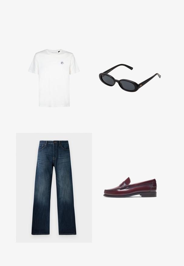Witte katoenen t-shirt met een ronde halslijn en korte mouwen. Bevat een klein rond logo op de bovenste linkerkant van de borst.; Streepjesshirt in lichtblauw en wit, met knoopsluiting, lange mouwen en een borstzak met een geborduurd logo. Katoenen stof.; Donkerblauwe spijkerbroek met een recht model, voorzien van een lichte stof, riemlussen en een klassieke vijf-pocket stijl.; Bordeaux leren instapper met een ronde neus, gestikte details en een kleine decoratieve accent op de schacht. Platte, contrasterende zool.; Zwarte oversized zonnebril met ovale lenzen, een glad plastic montuur en gouden accenten op de pootjes. Donkere lenzen bieden bescherming tegen de zon.