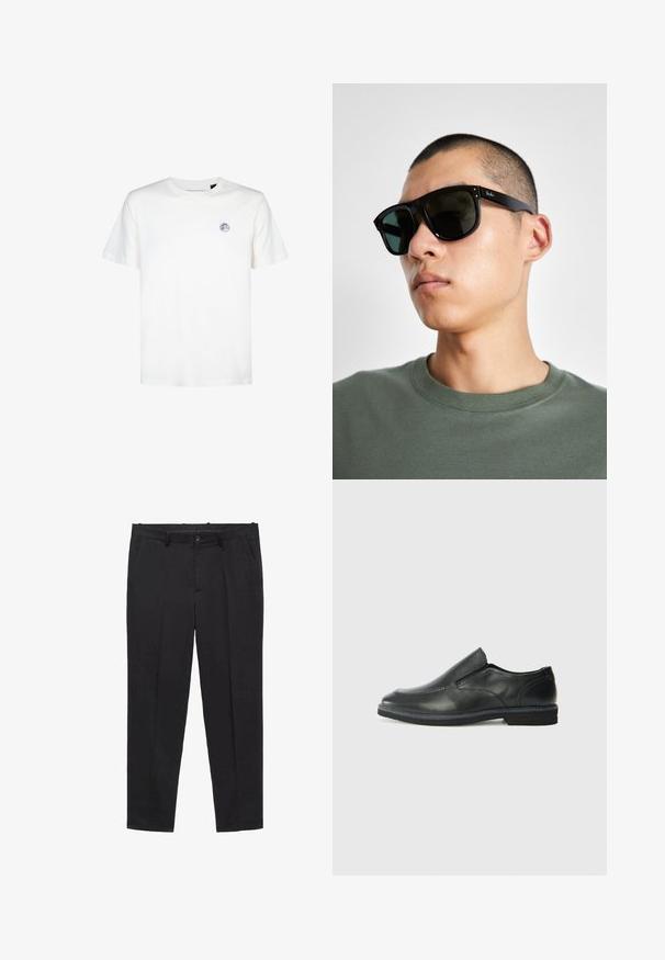 Biela bavlnená tričko s okrúhlym výstrihom a krátkymi rukávmi. Má malé oblé logo na hornej ľavej strane hrude.; Čierne prispôsobené nohavice zo hladkej tkaniny, s plochým predkom, pútkami na opasok a bočnými vreckami. Nohavice rovného strihu.; Čierny kožený nazúvací topánka s hladkým zvrškom, prešitými akcentmi, zaoblenou špičkou a nízkym gumovým podpätkom. Podošva má minimálny dezén.; Čierne obdĺžnikové slnečné okuliare s tmavými sklami, s charakteristickým tvarom a značkou na ramene. Nosí ich osoba v zelenej košeli.