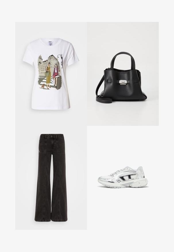 Camiseta de algodón blanca con una ilustración impresa de dos mujeres con estilos de moda urbana, un perro en un paso de peatones y edificios de la ciudad.; Jeans de pierna ancha negros, elaborados en denim, con una cintura alta, bolsillos frontales y costuras tonales a lo largo de las costuras.; Zapatilla deportiva blanca con acentos metálicos en plata, parte superior de malla, suela gruesa y detalles texturizados en los laterales y el talón. Diseño con cordones.; Bolso de mano de cuero negro con un acabado texturizado, que cuenta con dos asas superiores, una correa de hombro desmontable y un detalle de broche plateado.; Pendientes de metal plateado con una piedra rectangular en la parte superior de un aro circular. Textura suave, diseño minimalista y forma geométrica.