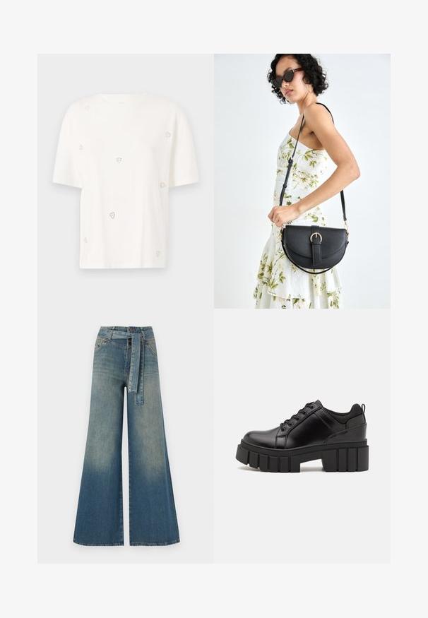 White cotton t-shirt with short sleeves, featuring small silver heart embellishments scattered across the fabric. круглый вырез.; Wide-leg denim trousers featuring a light to dark blue gradient, high waist, belt loops, and a matching fabric belt. Textured denim finish.; Black leather platform shoes with a chunky block heel, round toe, and traditional lace-up design. Features smooth texture and minimal detailing.; Black leather handbag with a curved shape, detachable strap, and gold hardware. The bag features a flap with a buckle detail.