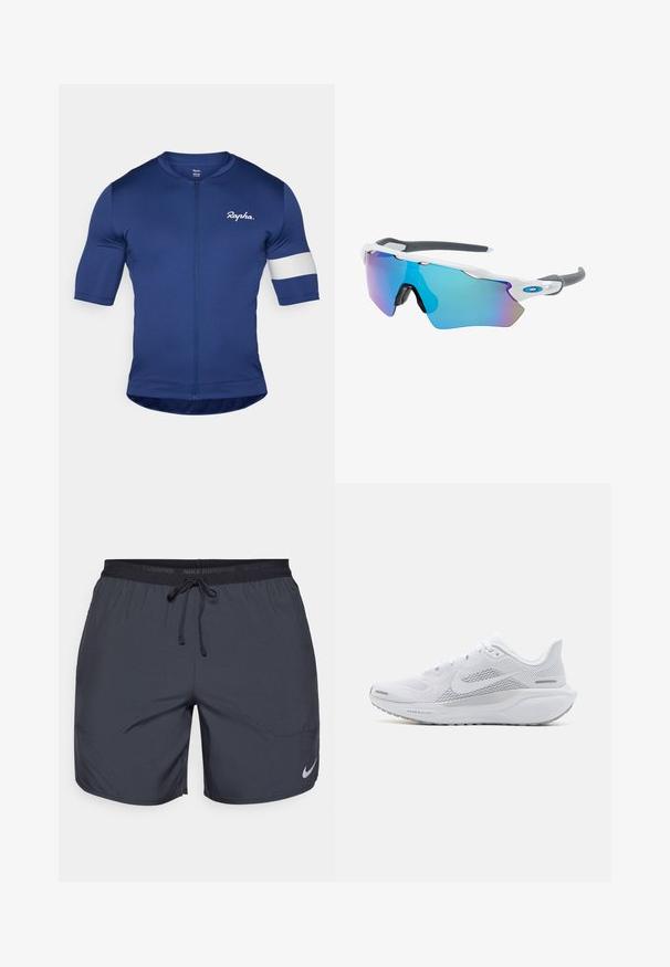Marinekleurig fietsjersey met korte mouwen, volledige rits en witte streepdetails op de linker mouw. Gemaakt van een soepele, rekbare stof.; Nike hardloopshorts in donkergrijs, met een elastische tailleband en een trekkoord, en een zilveren logo-accent op de onderkant van het rechterbeen.; Witte sportieve schoen met een mesh bovenwerk, gladde textuur overlays, grijze accenten, veters en een gevoerde zool ontworpen voor prestaties.; Zonnebril met een wit frame, grijze accenten en blauwe spiegelglazen. Sportief ontwerp, omhulde vorm en verstelbare neuspads.