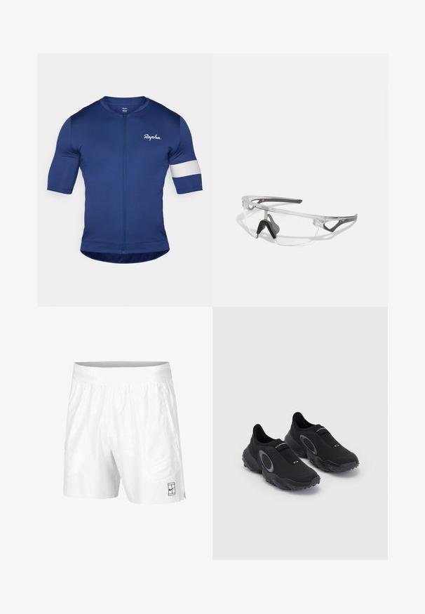 Marineblaue Radsporttrikot mit kurzen Ärmeln, vollständigem Reißverschluss und weißen Streifendetails am linken Ärmel. Hergestellt aus glattem, elastischem Stoff.; Weiße Sportshorts aus leichtem Gewebe mit einem elastischen Bund, ausgestattet mit zwei Seitentaschen und einem kleinen schwarzen Logo am Saum.; Schwarze Slipper mit strukturiertem Obermaterial und Gummisohle. Sie verfügen über einen grauen, runden Akzent und ein elastisches Band über dem Spann für einen besseren Sitz.; Klare Schutzbrille mit einem leichten, transparenten Rahmen und grauen Akzenten. Verfügt über ein umschließendes Design und ein verstellbares Nasenstück.