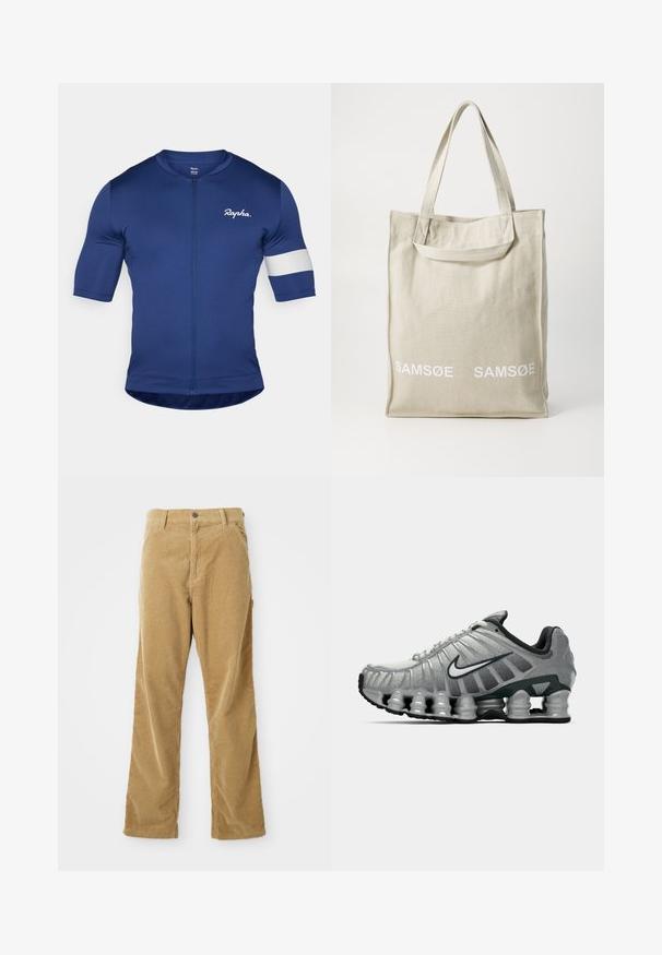 Marine cykeltrøje med korte ærmer, fuld lynlås og hvid stripe detaljer på venstre ærme. Lavet af glat, strækbart stof.; Tan kordfløjl bukser med frontlommer, bæltestropper, knaplukning og lige ben, lagt fladt på en hvid baggrund.; Grå og sort Nike løbesko med synlig fjederlignende dæmpning under sålen og et hvidt swoosh-logo på siden.; Canvas tote bag i lys beige med dobbelthåndtag, med "SAMSOE" logo i hvidt trykt på fronten. Rektangulær form med enkelt design.