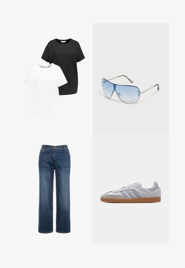 Zwei Rundhals-T-Shirts in Schwarz und Weiß. Kurzarm, aus weichem Baumwollstoff, gerade geschnitten mit lockerer Passform.; Dunkelblaue Denim-Jeans mit geradem Schnitt, Vordertaschen, Reißverschluss und sichtbaren kontrastierenden Nähten.; Weiße Ledersneaker mit hellblauen Akzenten, grauem Wildlederzehen und einer braunen Gummisohle. Verfügt über drei blaue Streifen und "Samba"-Branding.; Flugzeugbrille mit einem verlaufenden blauen Glase, silbernem Metallrahmen und dekorativen Sternelementen auf dem Glas. Glattes und elegantes Design.