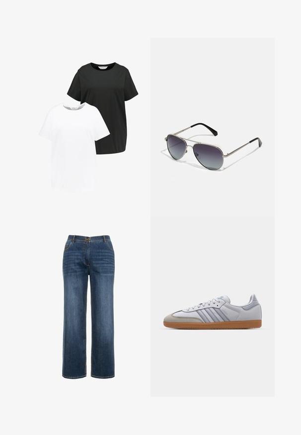 To crew-neck t-shirts i sort og hvid. Korte ærmer, lavet af blødt bomuldsstof, lige snit med afslappet pasform.; Mørkeblå denim jeans med lige ben, frontlommer, lynlås og synlig kontrastsyning.; Hvide lædersneakers med lyseblå accenter, grå ruskindsnæse og en brun gummisål. Har tre blå striber og "Samba" branding.; Polaroid UNISEX - Solbriller - grey