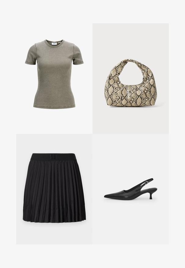 Olajzöld bordázott rövidujjú póló, kerek nyakkivágással. Fitt fazonú és puha tapintású. Márkacímke látható a gallér belső oldalán.; Fekete, pliszírozott szoknya sima textúrával, egyszínű fekete derékrésszel és a fronthoz írt logóval.; Fekete bőr szandálcipő hegyes orral és karcsú, ívelt sarokkal. Diszkrét, állítható pánttal rendelkezik, fém csattal.; Kígyómintás kézitáska ívelt fogantyúval. Texturált, bézs és barna anyagból készült, jellegzetes gyémántmintával.