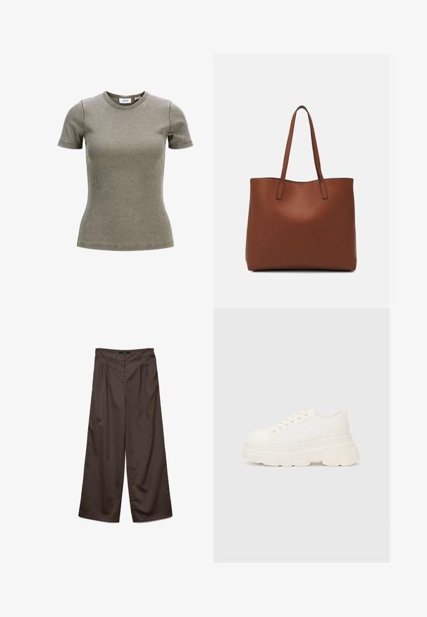 T-shirt de manga curta em verde oliva com decote redondo. Apresenta um design ajustado e uma textura suave. Etiqueta da marca visível no interior da gola.; Calças largas de tecido castanho escuro com uma textura suave. As características incluem pregas na frente e um cós padrão.; Sapatilhas brancas em lona com sola espessa, biqueira arredondada e cinco ilhós para atacadores. Laço traseiro para calçar facilmente. Textura suave, design minimalista.; Bolsa tote de couro castanho com uma textura suave, design de abertura superior e duas alças para o ombro. Apresenta costura mínima e sem hardware visível.