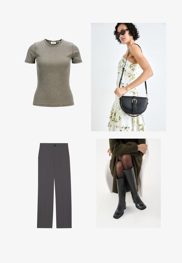 Olajzöld bordázott rövidujjú póló, kerek nyakkivágással. Fitt fazonú és puha tapintású. Márkacímke látható a gallér belső oldalán.; Szürke nadrág egyenes lábformával, két oldalsó zsebbe és gombos záródással. Simább anyag, látható minták vagy díszítés nélkül.; Térdfelett érő fekete bőr csizmák négyzet alakú orral és tömbtalppal, olajzöld kabátban ülő modellel bemutatva. Simaság, minimalista részletezés.; Fekete bőrtáska ívelt formával, levehető pánttal és arany színű fémrészekkel. A táskán egy csattal díszített fedél található.