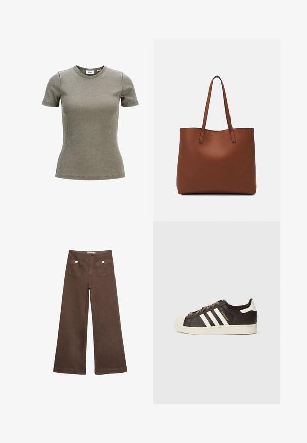 Oliwkowy prążkowany t-shirt z krótkim rękawem i okrągłym dekoltem. Posiada dopasowany krój i miękką teksturę. Etykieta marki widoczna wewnątrz kołnierza.; Czerwone spodnie typu wide-leg wykonane z bawełny, z dwoma przednimi kieszeniami zapinanymi na srebrne guziki oraz gładką fakturą.; Niskie trampki Adidas Superstar z ciemnobrązowej skóry z kremowym noskiem w kształcie skorupy, białymi paskami i napisem „Superstar” po boku.; Brązowa skórzana torba tote o gładkiej fakturze, z otwartym wierzchem i dwoma ramiączkami. Charakteryzuje się minimalnym przeszyciem i brakiem widocznych elementów metalowych.