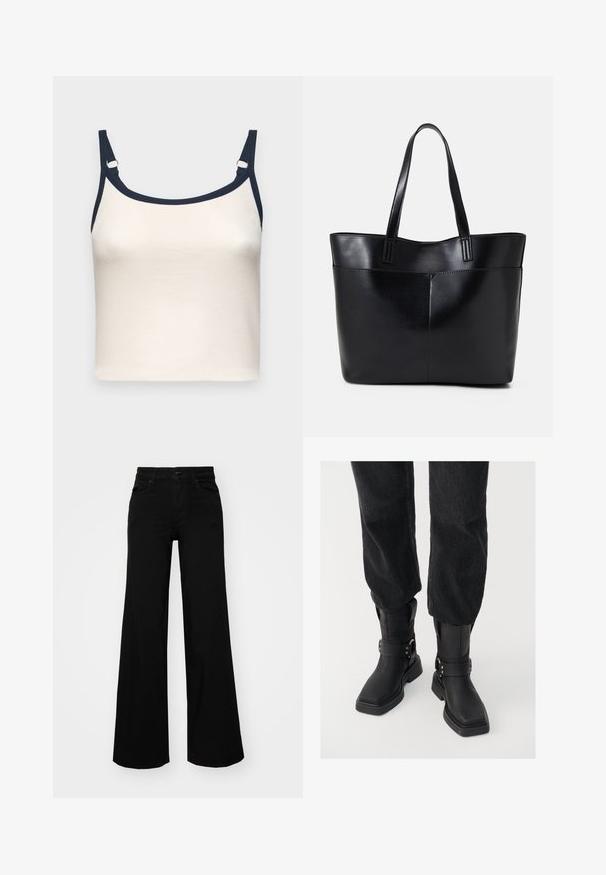 Balts ribots topiņš ar tumši ziliem traukiem. Iezīmē regulējami trauki un apaļa dekoltē forma. Mīksta tekstūra, pieguļošs dizains.; Melni plaša kāju bikses, izgatavotas no džinsa, ar strukturētu jostu, jostu cilpiņām un priekšējām kabatām. Gluda tekstūra ar klasisku dizainu.; Melnas ādas potīšu zābaki ar kvadrātveida purngalu, ar plašu jostu un metāla sprādzi. Zābakiem ir masīva zole un gluda virsma.; Melnas ādas iepirkumu soma ar divām garām rokturām, gludu tekstūru un strukturētu formu. Iekļauj priekšējo kabatu papildu uzglabāšanai.