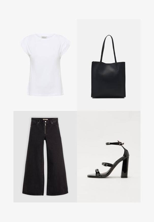 Bela majica iz mehke bombažne tkanine, z okroglim izrezom in kratkimi, nabranimi rokavi. Rob je raven in nekoliko ohlapen.; Široke traperice iz črnega denima z zadrgo spredaj, petimi žepi in diskretnimi šivi. Gladka tekstura in ležeren slog.; Črne lakirane sandale s peto, kvadratnim prstom, trakovi okrog gležnja in srebrnimi zaponkami. Opremljene so s stabilno Debelo peto.; Črna usnjena torba s svilnato teksturo, pravokotne oblike in dvema dolgima ročajema. Brez vidnih metalnih delov ali okrasnih elementov.