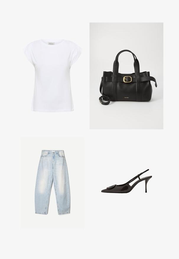 Weißes T-Shirt aus weichem Baumwollmaterial, mit rundem Ausschnitt und kurzen, gefältelten Ärmeln. Der Saum ist gerade und leicht locker geschnitten.; Hellblaue Jeans aus Denim mit lockerer Passform, im ausgewaschenen Finish, zwei Fronttaschen und einem Knopfverschluss am Bund.; Schwarzer Lackleder-Slingback-Schuh mit spitzem Zehenbereich, minimalistischem Design, kleinem kreisförmigem Akzent auf dem Schuhoberteil und schlankem Absatz.; Schwarze Lederhandtasche mit strukturiertem Design, doppelten oberen Griffen, goldfarbenem Schnallenakzent und geprägtem Markenlogo auf der Vorderseite.
