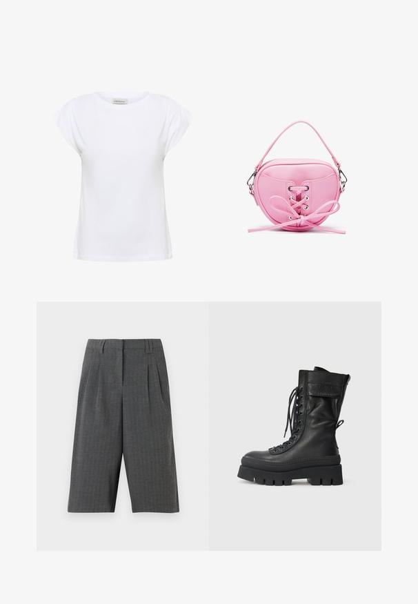 Hvid t-shirt lavet af blød bomuld, med en rund udskæring og korte, plisserede ærmer. Nederste kant er lige og let løs i pasformen.; Grå houndstooth shorts med folder, der har et skræddersyet design og midt-lår længde. Fremstillet af tekstureret stof, uden synlige lukninger.; Sort læderkampstøvle med høj skaft, snørebånd foran, teksturerede accenter, tyk sål og syet detaljer. Har en bageste løftestrop.; Rosa faux læder håndtaske med cirkulær form, med snøredesign med metaløjer og en sløjfedetalje. Inkluderer et kort håndtag.