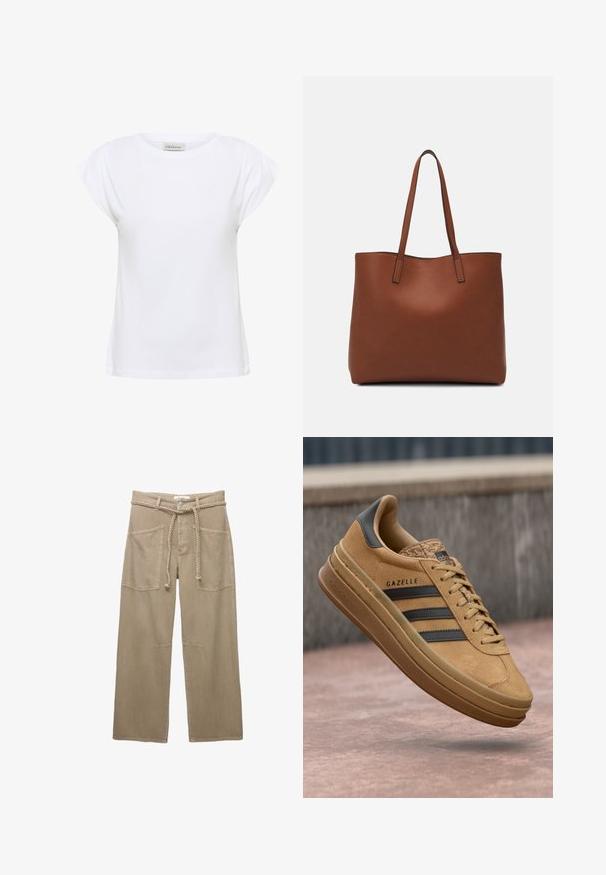 Biela tričká vyrobené z jemnej bavlny, s okrúhlym výstrihom a krátkymi nariadenými rukávmi. Spodný lem je rovný a mierne voľný.; Béžové nohavice s širokými nohavicami vyrobené z odolnej textílie, s veľkými prednými vreckami, vrkočovým opaskom a diskrétnymi švovými detailmi.; Svetlé semišové tenisky s hladkým povrchom, obsahujúce tri tmavé pruhy, zaoblenú špičku a hrubšiu podrážku so vzorovaným okrajom.; Hnedá kožená taška na rameno s hladkou textúrou, otvoreným vrchom a dvoma ramenými popruhmi. Má minimálne šitia a žiadne viditeľné kovania.