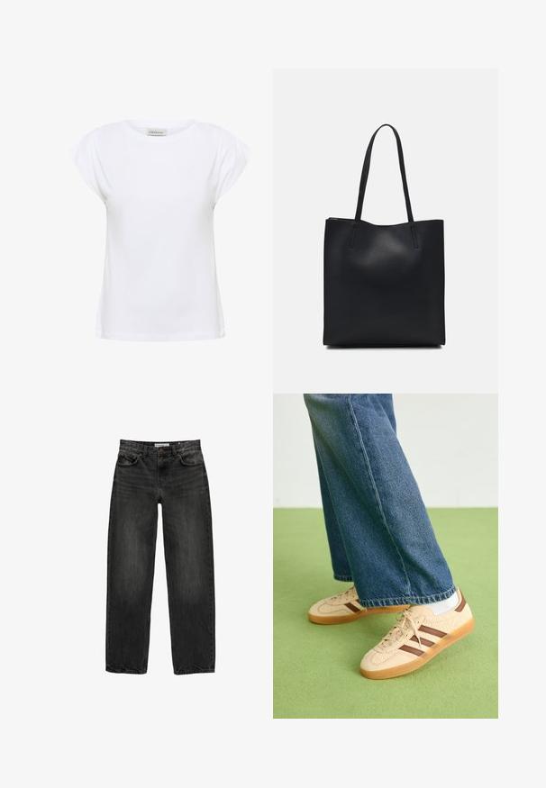 Biela tričká vyrobené z jemnej bavlny, s okrúhlym výstrihom a krátkymi nariadenými rukávmi. Spodný lem je rovný a mierne voľný.; Čierne džíny z denimu s uvoľneným strihom, rovnými nohavicami, piatimi vreckami a mierne vyblednutou textúrou. Zapínanie na gombík a zips v prednej časti.; Béžové tenisky s textúrovanými krémovými panelmi a hnedými pruhmi, skombinované s modrými džínsami. Džínsy majú široké nohavice a roztrhnutý lem.; Čierna kožená taška na rameno s hladkým povrchom, obdĺžnikovým tvarom a dvoma dlhými uchami. Bez viditeľného kovania alebo ozdôb.