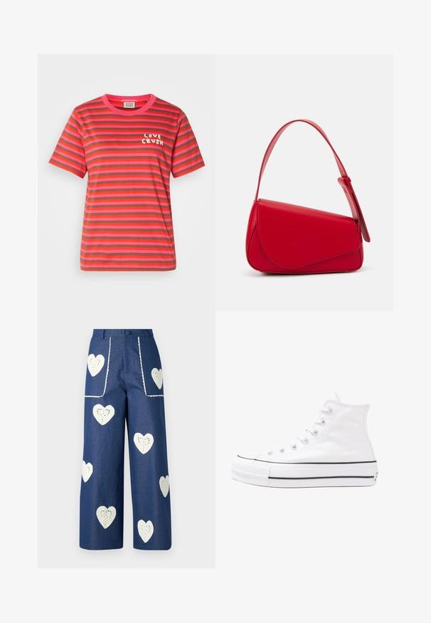 Kurzärmliges T-Shirt mit Rundhalsausschnitt in rosa und braunen horizontalen Streifen. Mit dem Schriftzug "LOVE CRUSH" in Weiß auf der linken Brustseite.; Sister Jane HEART TO HEART - Jeans Straight Leg - blue denim; Weiße hochwertige Leinensneaker mit schwarzer Gummisohle, vorderem Gummizehenschutz und sechs Ösen für Schnürsenkel, die ein sauberes, minimalistisches Design aufweisen.; Rote Lederhandtasche mit einem kantigen, geometrischen Design. Verfügt über einen verstellbaren Schulterriemen und einen Klappenverschluss mit genähten Details.