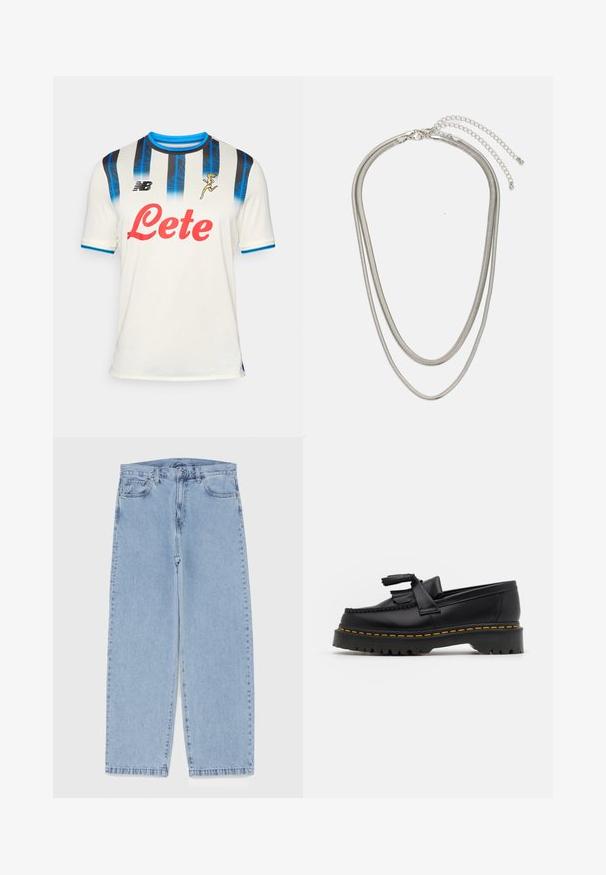 Camisola de futebol branca com riscas verticais pretas e azuis, com decote redondo e mangas curtas. Apresenta um logo vermelho "Lete" e a marca New Balance.; Jeans de denim azul claro com design de perna reta, apresentando uma cintura de altura média, cinco bolsos e um fecho de botão e zíper.; Mocassim de couro preto com um detalhe de franjas, apresentando uma sola preta robusta e costura amarela ao longo da borda. Acabamento texturizado.; Colar de metal prateado em três camadas, com correntes flexíveis e elegantes que possuem um leve brilho, fechado com um fecho de lagosta e corrente ajustável.