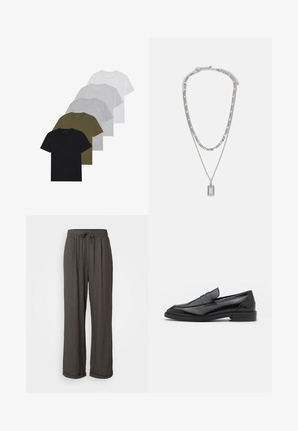 Cinco t-shirts de gola redonda nas cores preto, oliva, cinza claro, cinza escuro e branco. Feitas de tecido macio, com mangas curtas e um corte descontraído.; Calças largas de cor cinza escuro com um cós ajustável, feitas de um tecido macio e texturizado, apresentando punhos dobrados nos tornozelos.; Mocassins de couro preto com um acabamento suave, apresentando uma ponta arredondada e uma faixa estreita na parte superior. Salto baixo empilhado.; Colar de prata com duas correntes em camadas; apresenta um pendente retangular com uma superfície lisa, exibindo um acabamento metálico polido.