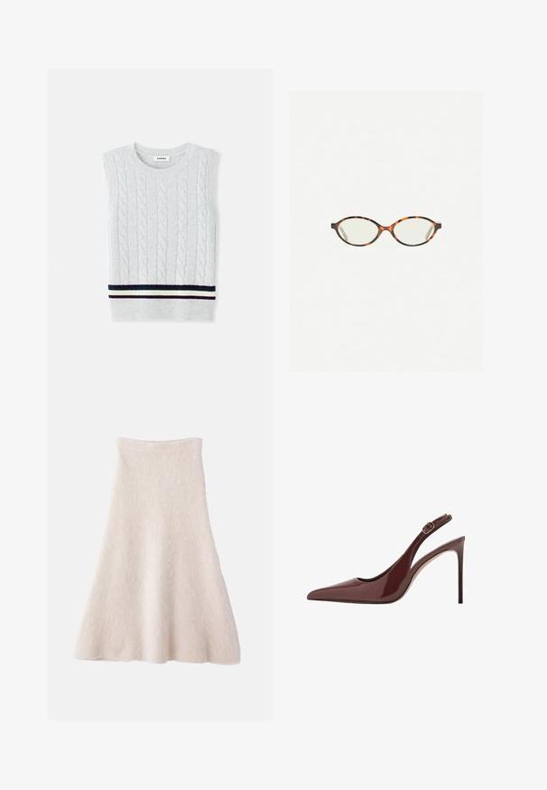 Svetle šedý bezrukávový svetr s kablovým pletením a pruhovaným žebrovaným lemem v námořnické modré, zelené a krémové barvě. Měkká textura.; Světlé béžové sukně ve tvaru A vyrobená z měkké, texturované látky, má hladký pas a splývavou siluetu.; Tmavě hnědá lakovaná kožená lodička na vysokém podpatku se špičatou špičkou, nastavitelným popruhem a štíhlým jehlovým podpatkem.; Želvovinové brýle s oválnými čočkami a hladkým, jemným povrchem. Má tenké bočnice s jemným zakřivením v chrámcích. Čiré čočky.